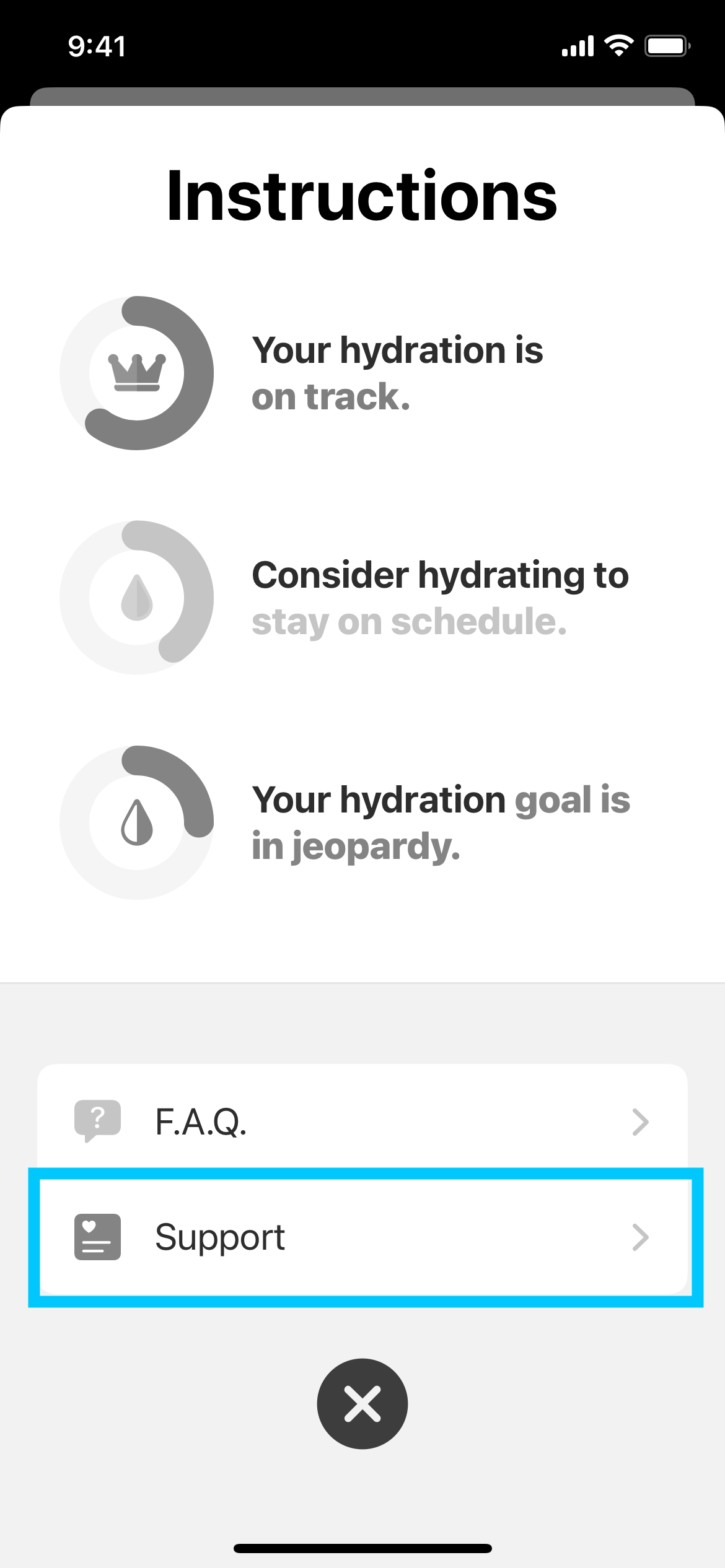 Screenshot of Best Water Tracker app - Help Screen - Support Button Highlighted